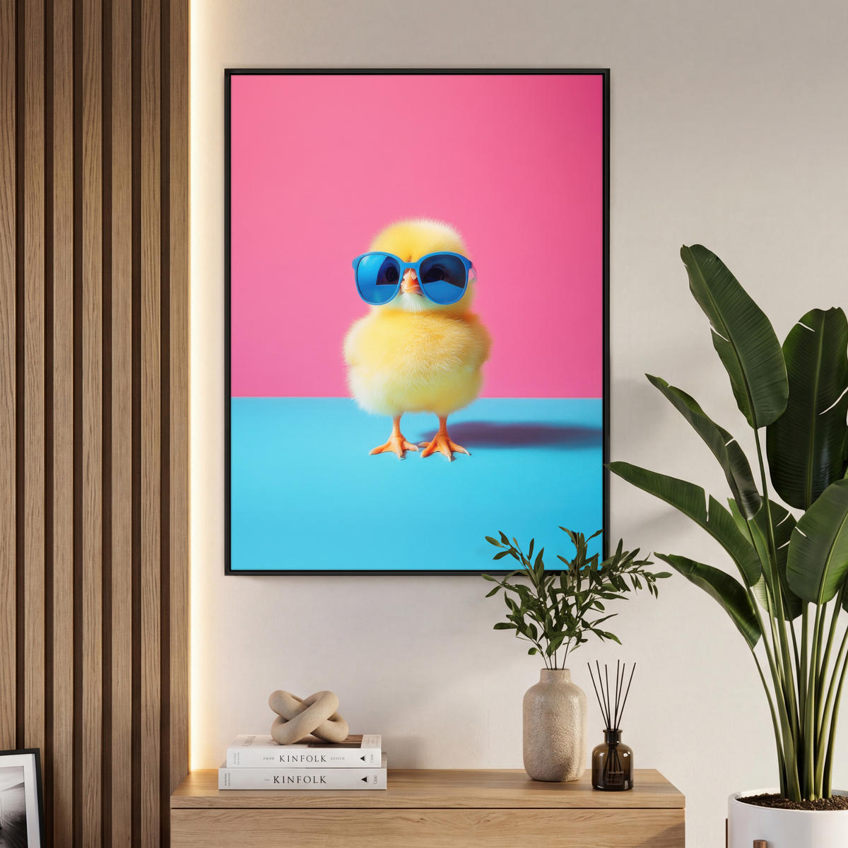 LEINWAND Bilder mit Rahmen - Chick - Sonnenbrille - Blau - 70x100 - Pink, Textil (70/100cm) - MuchoWow
