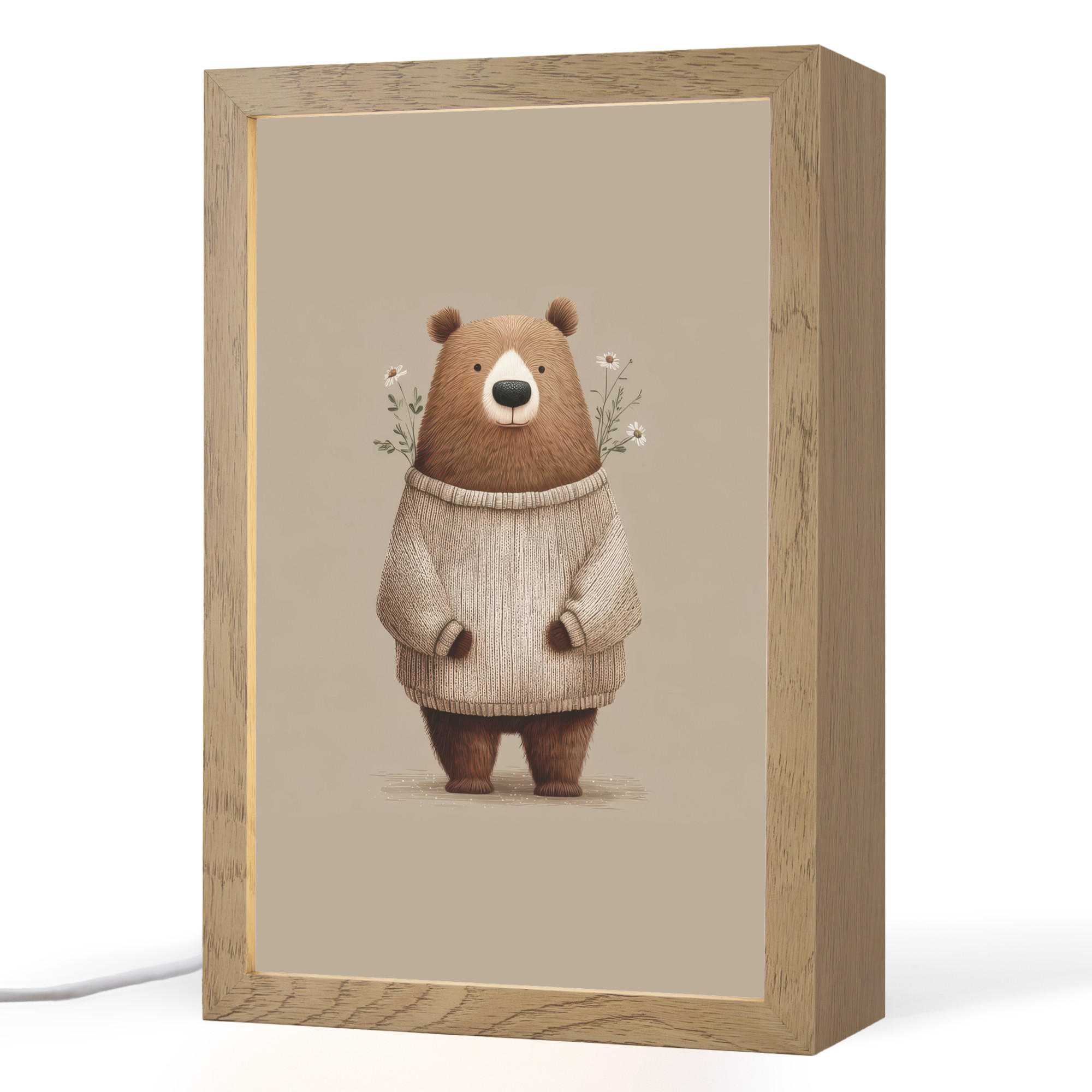 NACHTTISCHLAMPE Bär - Weiße Blumen - Gemütlich 20x30 cm - Taupe, Holzwerkstoff (8/20/30cm)