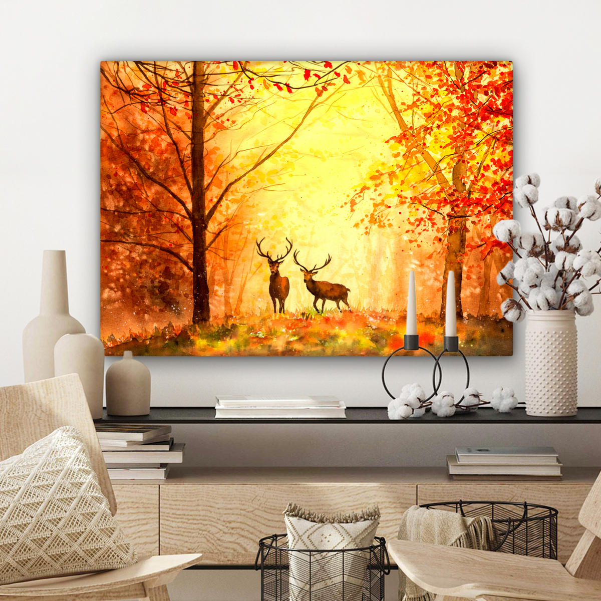 LEINWANDBILD Natur - Ölfarbe - Hirsche - Tiere - Herbst - Orange Wandbilder 80x60 cm - Orange, Textil (80/60cm) - MuchoWow