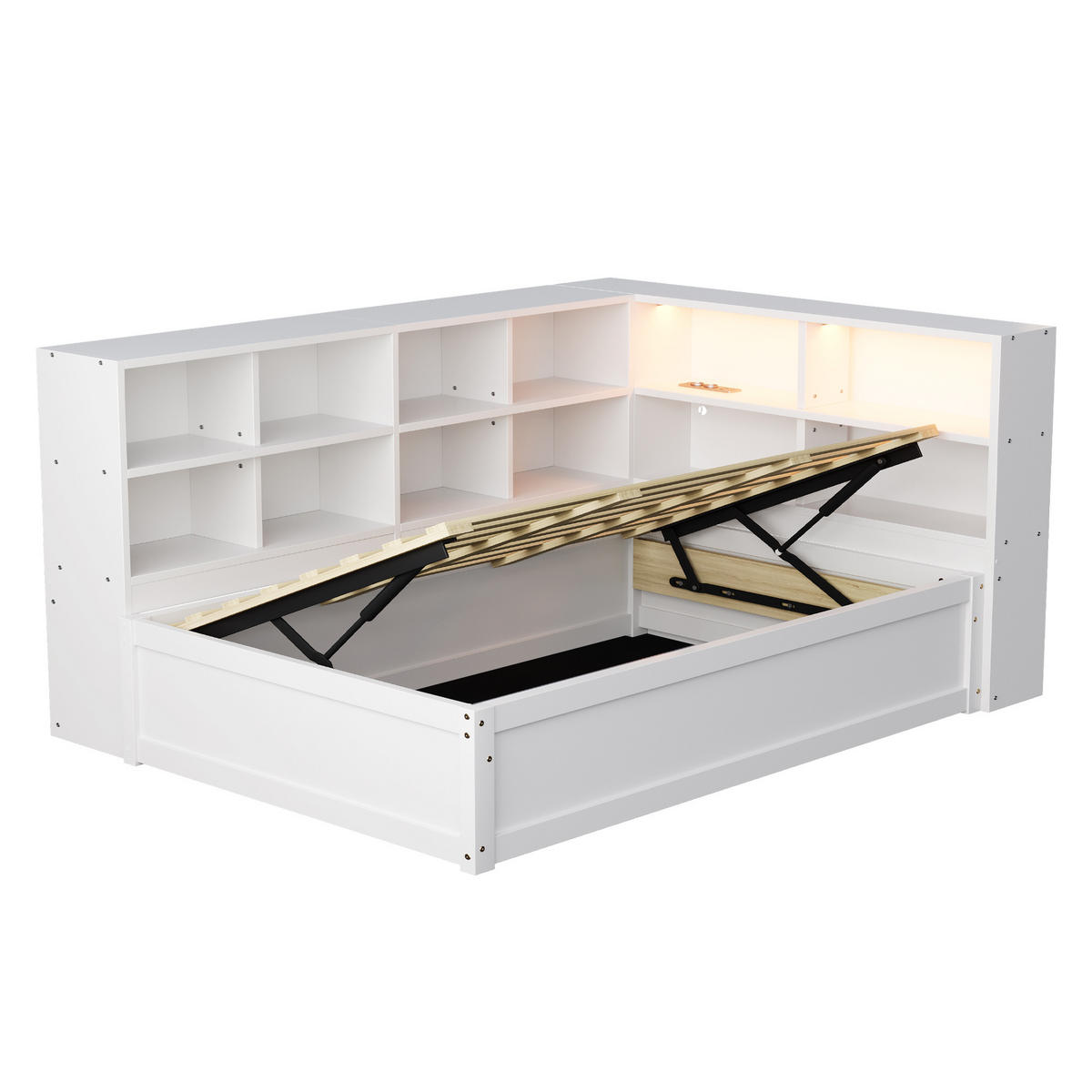 BETT mit hydraulischem Bett und Staufächern Weiß 90/200 cm - Weiß, Holz (90/200cm) - OKWISH