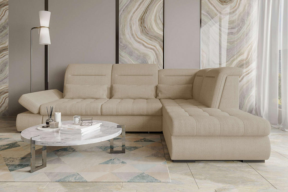 ECKSOFA Toscana Velours inkl. Schlaffunktion - Creme, Textil (279/227cm) - 99rooms