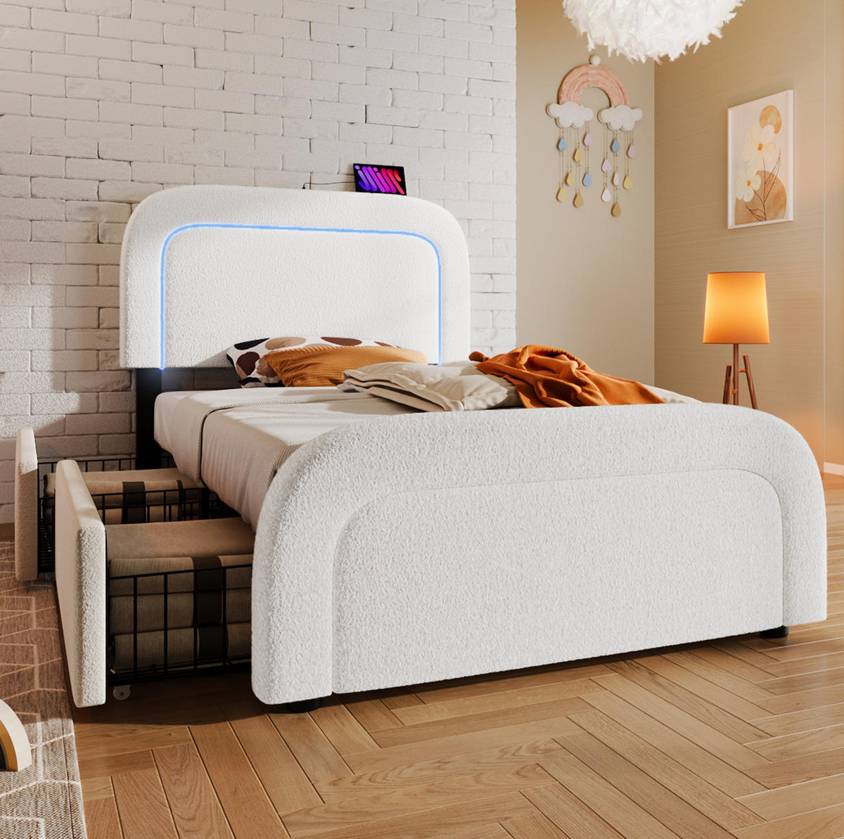 POLSTERBETT 90/200 cm in Weiß mit USB-C, LED und 2 Schubladen - Weiß, Textil (90/200cm) - BEAOK