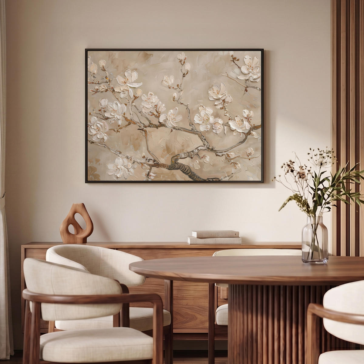 LEINWAND Bilder mit Rahmen - Blumen - Modern - Beige - Weiß - Blüte - 100x70 - Beige, Textil (100/70cm) - MuchoWow