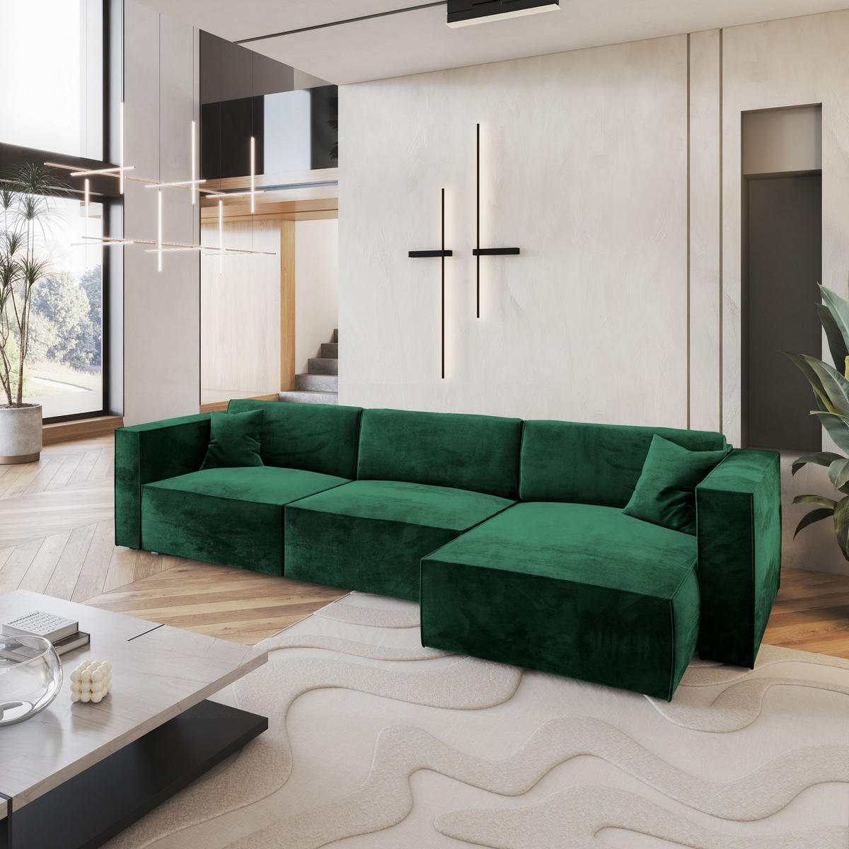 ECKSOFA TOLMO M Grün Velours-Stoff mit Schlaffunktion - Grün, Holz (347/148cm) - MASSENO
