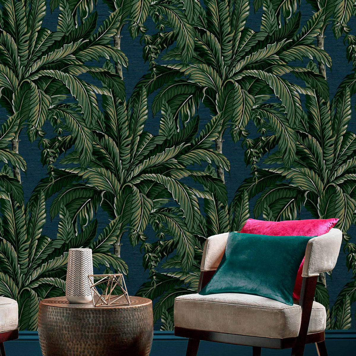 VLIESTAPETE - Daintree Palm Midnight - Blau, Papier/Kunststoff (52/1005cm) - Graham & Brown