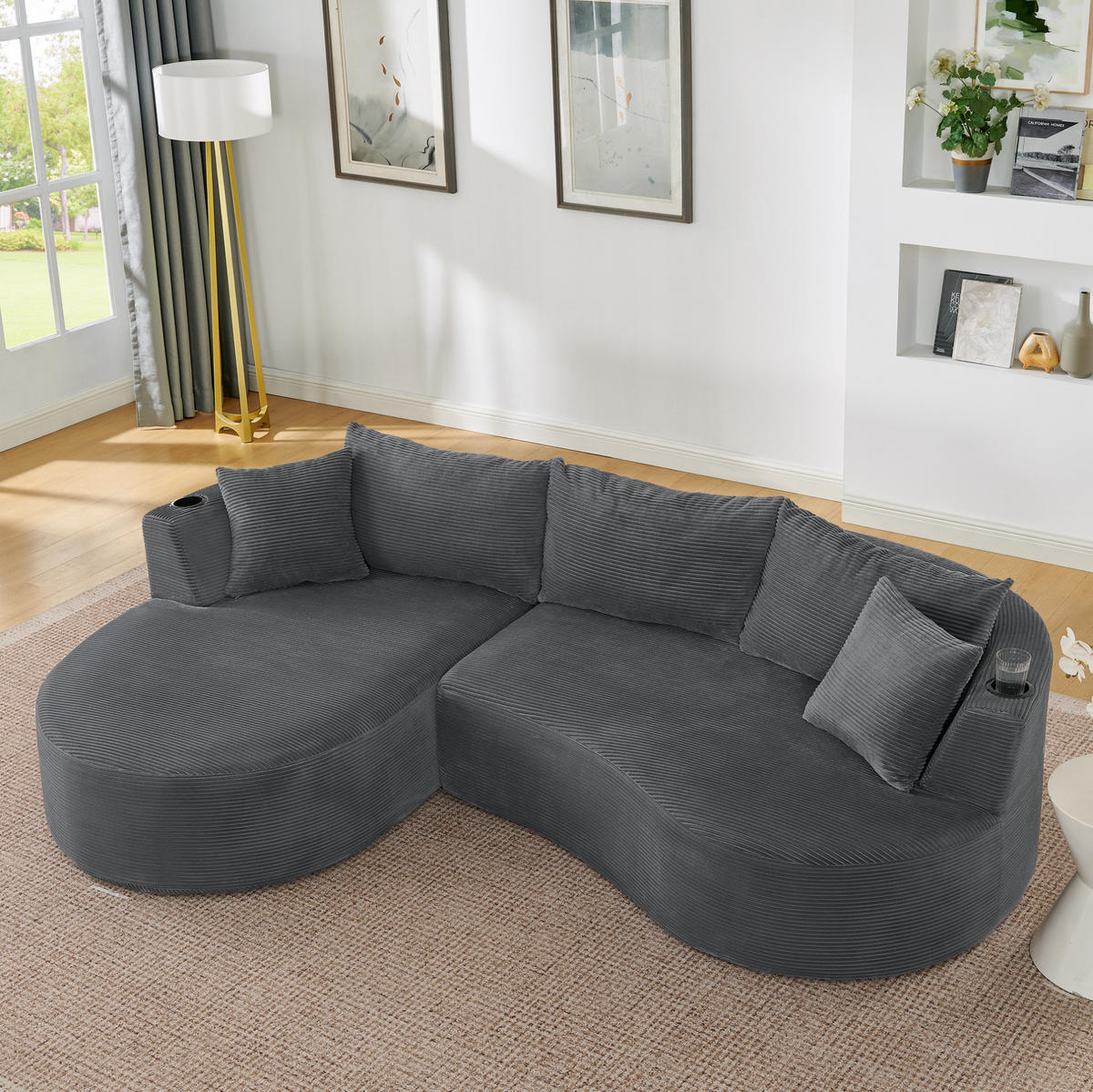 3-SITZER-SOFA mit Getränkehaltern, Kissen und bogenförmigem Design aus weichem Kordstoff, Grau - Grau, Kunststoff (264/76/168cm) - Redom