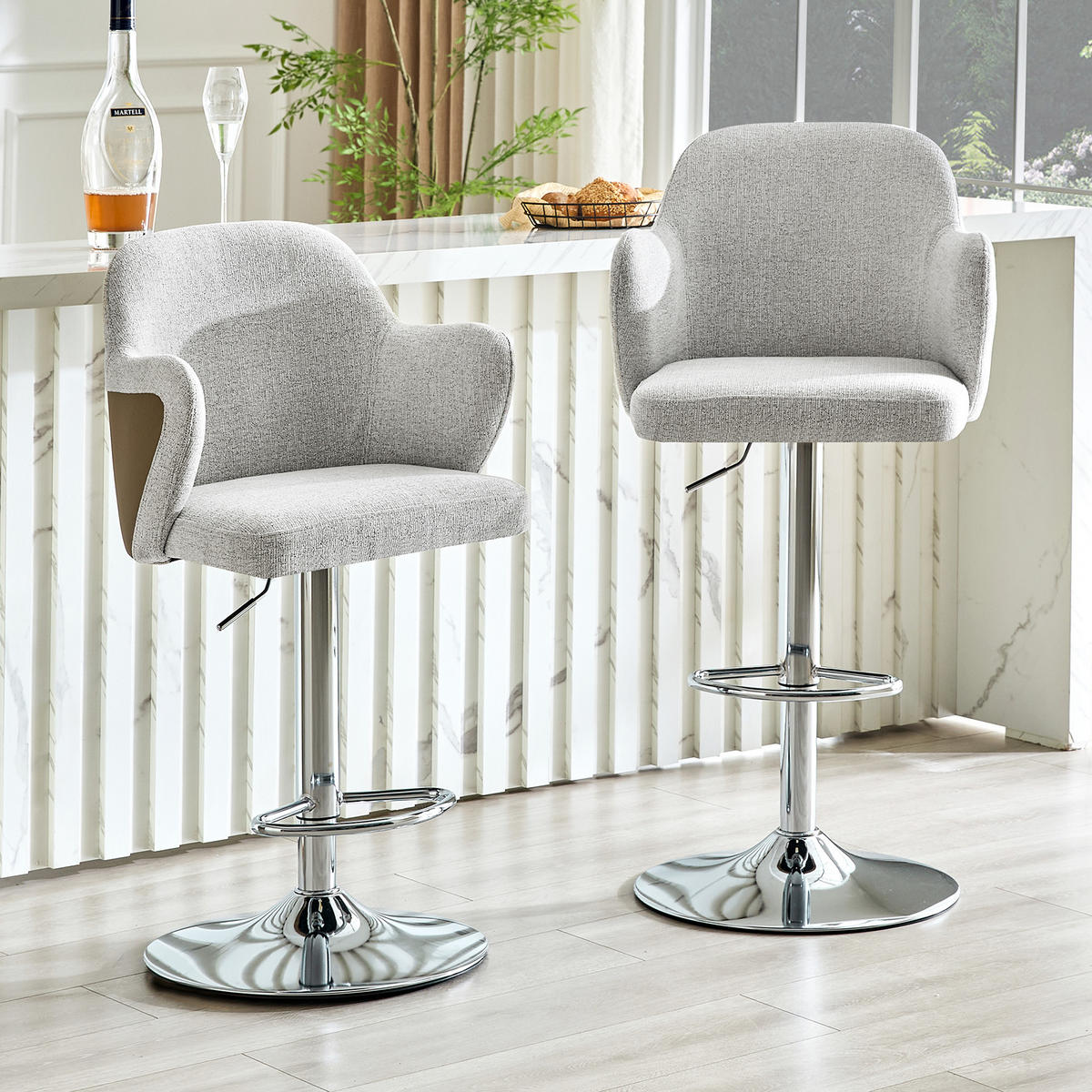 BARHOCKER 2er-Set Hellgrau höhenverstellbar 360° drehbar mit Armlehnen - Graubraun, Textil (45/118/37.6cm) - PANGIVO
