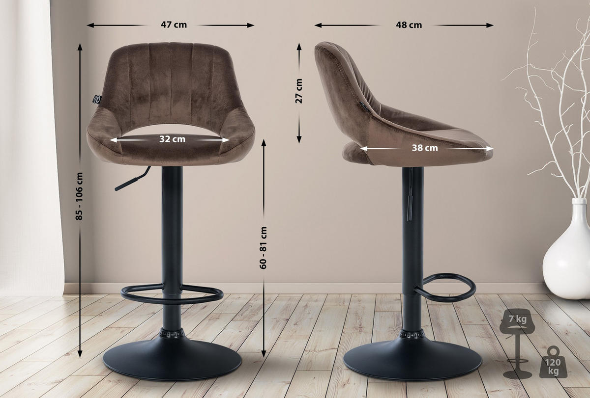 BARHOCKER 2er Set Milos Samt B braun - Schwarz/Braun, Textil/Metall (47/106/48cm) - TPFLiving