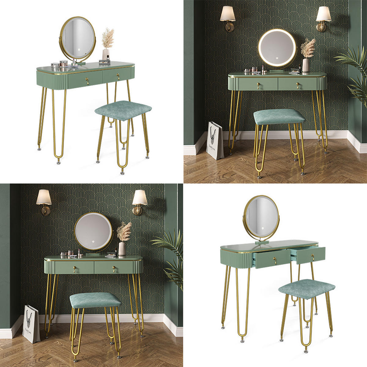 SCHMINKTISCH Grace Grün 100 cm mit LED Beleuchtung und Hocker - Grün, Holzwerkstoff (100/126/40cm) - Vicco