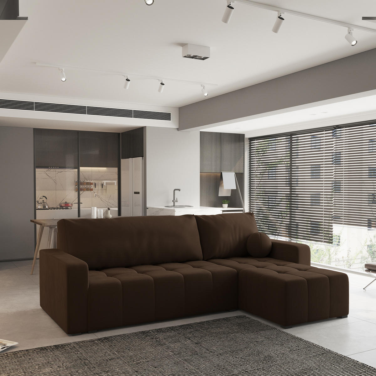 ECKSOFA VOLIRA Braun Plüsch-Stoff mit Schlaffunktion - Braun, Holz (230/143cm) - MASSENO