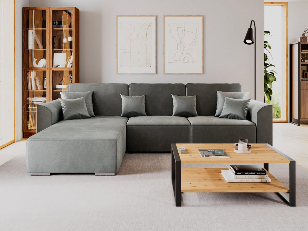 ECKSOFA LUMO L Links Hellgrau Velours-Stoff mit Schlaffunktion und Bettkasten - Hellgrau, Textil (293/195cm) - Barchello