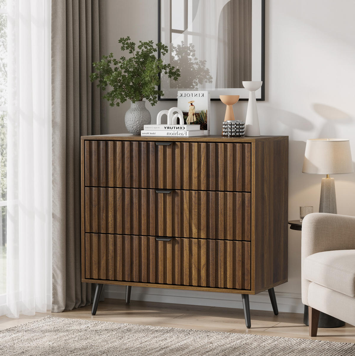 KOMMODE aus MDF 80x39x78 cm Walnuss mit 3 Schubladen und Metallbeinen - Walnussfarben, Holzwerkstoff (80/78/38cm) - Modfu
