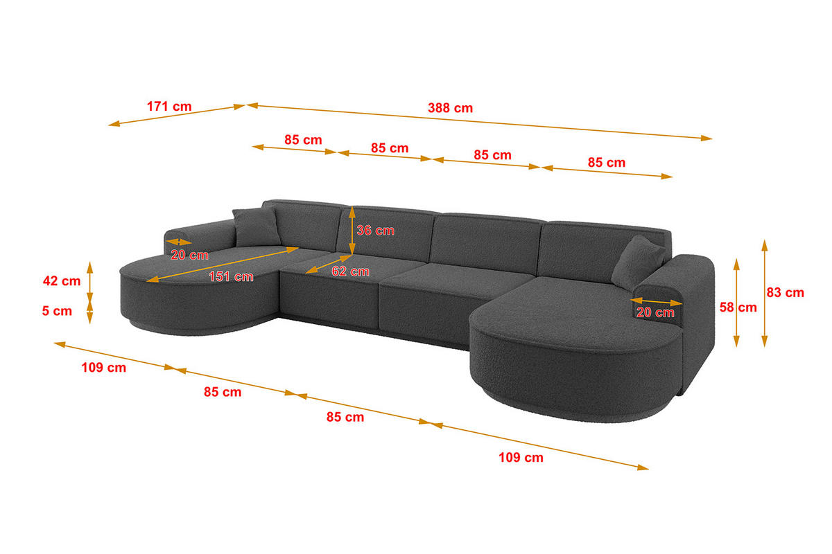 WOHNLANDSCHAFT MARI-U2-v3 - 388x171x83 cm Grau Bouclé - Schwarz/Grau, Holzwerkstoff/Kunststoff (388/83/171cm) - ALTDECOR