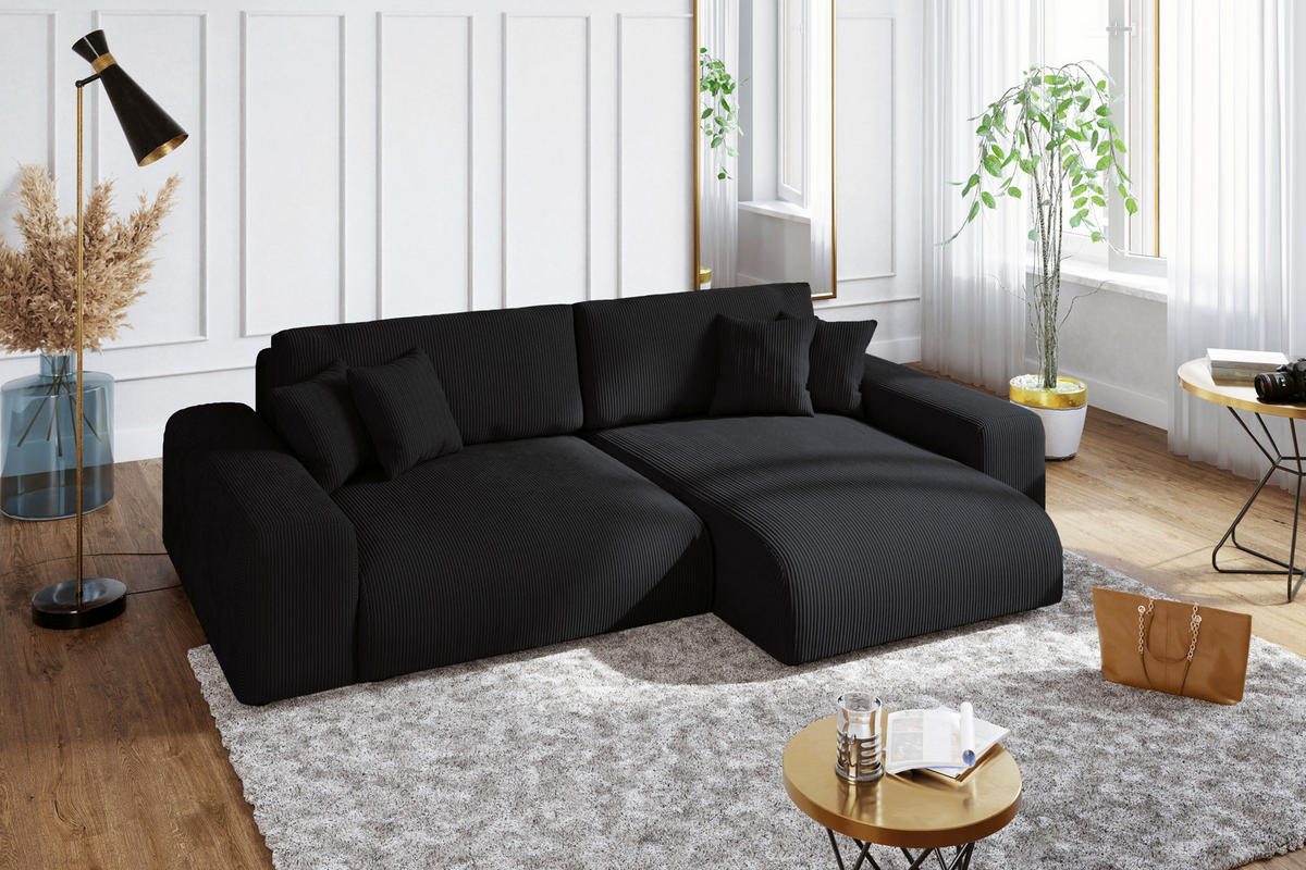 ECKSOFA mit Schlaffunktion, Bettkasten, Wellenunterfederung, seitenverkehrt montierbar B255/T165/H84 cm, Liegefl. 148x196 cm, Cord Schwarz/ 21008 - Schwarz, Kunststoff/Textil (255/165cm) - luma-home