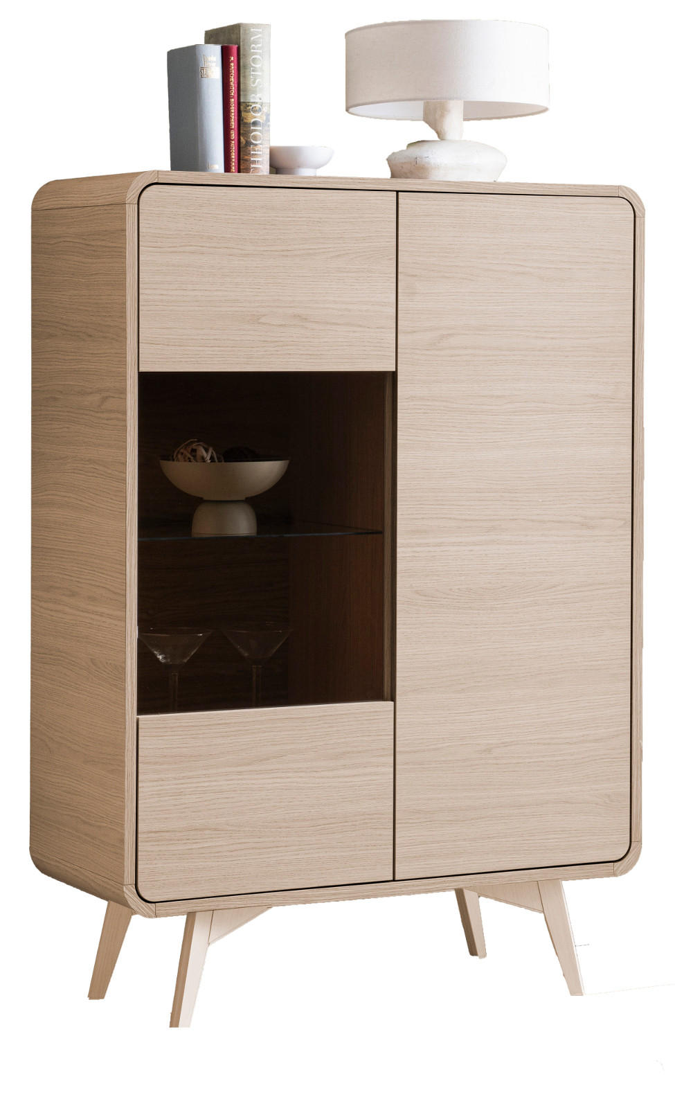 VITRINE Eiche natur skandinavisch 90 cm, Highboard mit Push-to-Open - Eichefarben, Glas/Holz (90/130/39cm) - Furn.Design