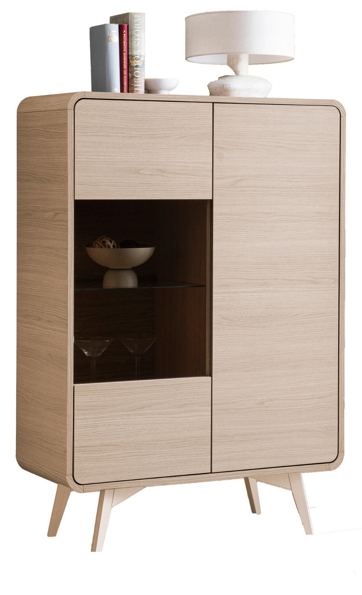 VITRINE Eiche natur skandinavisch 90 cm, Highboard mit Push-to-Open - Eichefarben, Glas/Holz (90/130/39cm) - Furn.Design