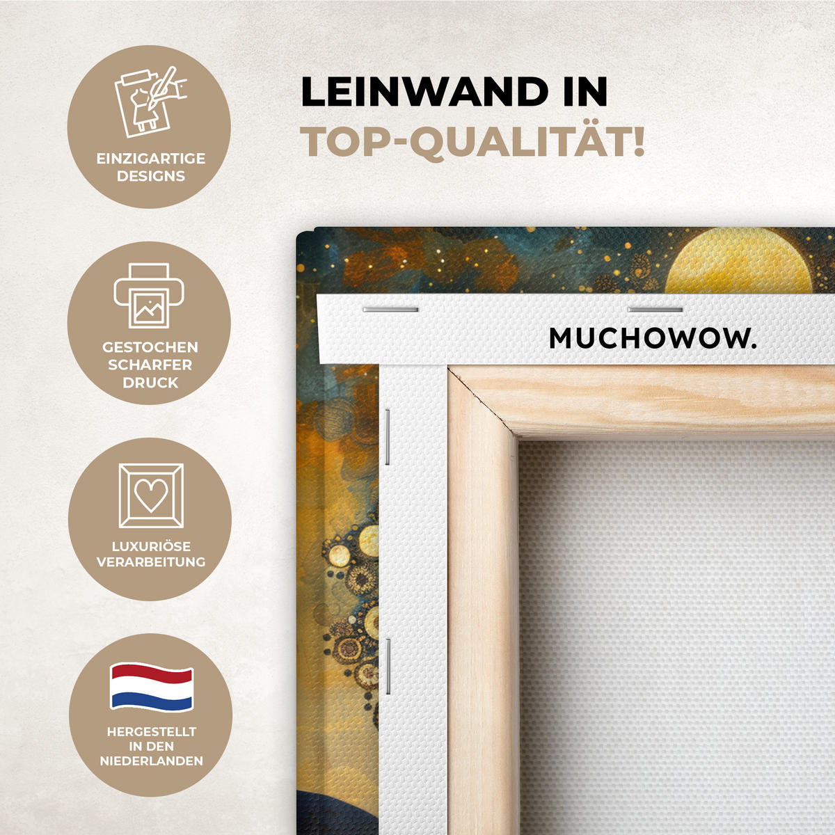 LEINWANDBILD Baum - Mond - Blumen - Gold - Kunst 30x20 cm - Orange, Textil (30/20cm) - MuchoWow