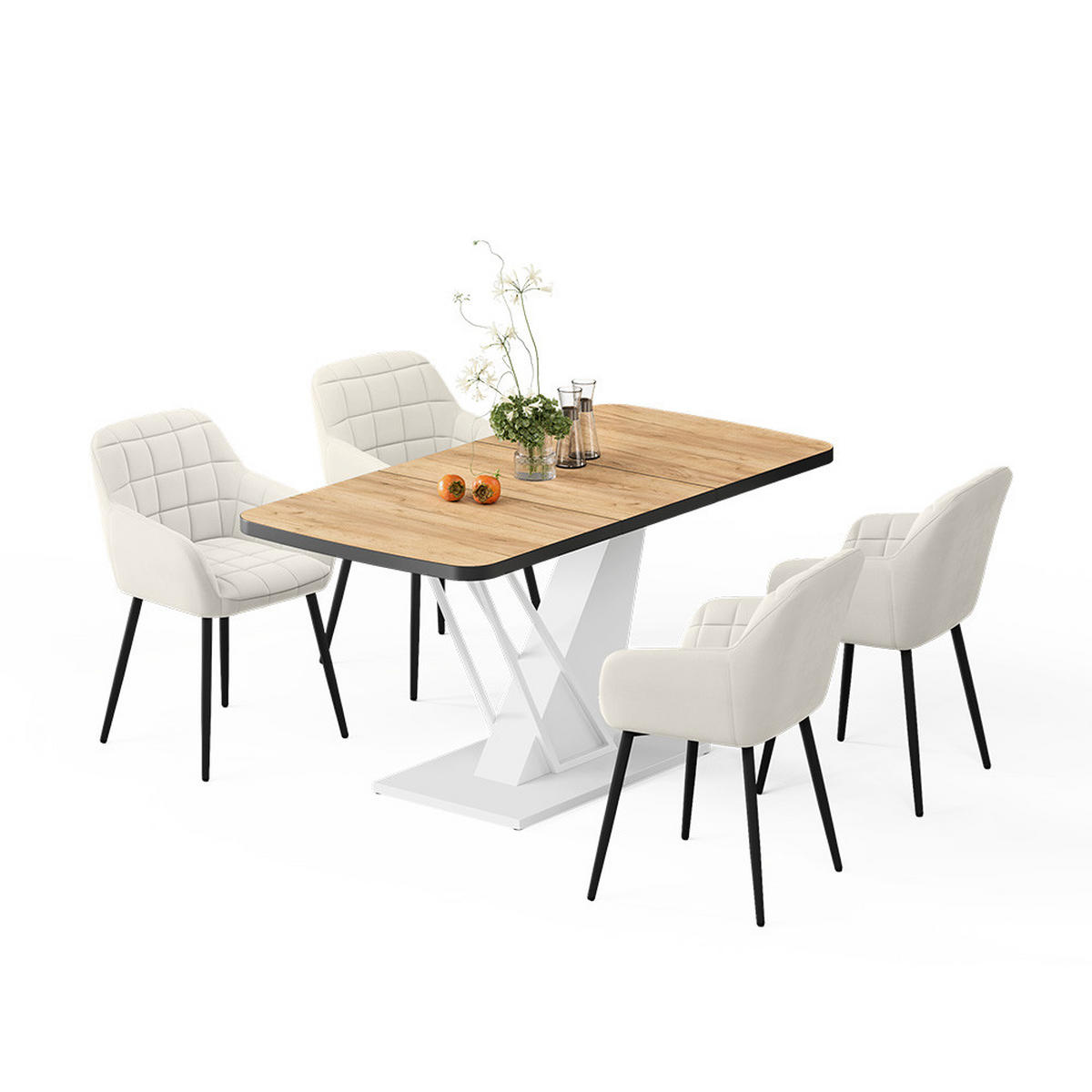 JEDILNA MIZA Fenaro, Zlati hrast z močjo/Bela, 120 x 80 cm s 4 jedilnimi stoli - barve hrasta/bela, leseni material (120/76/80cm) - Vicco