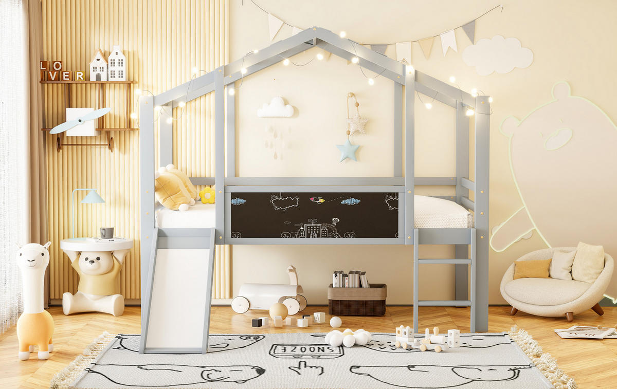 HAUSBETT 90/200 cm Grau aus Massivholz mit Rutsche und Tafel - Grau, Holz (90/200cm) - OKMYHOME