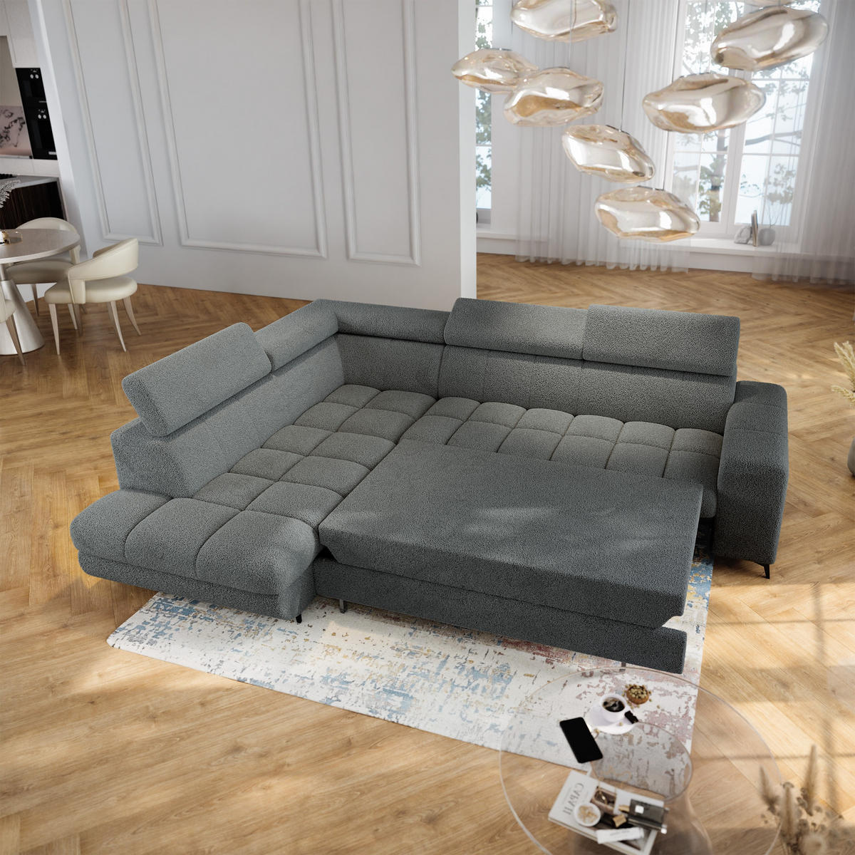 ECKSOFA MORIVA Q L-S Grau Boucle-Stoff mit Schlaffunktion - Grau, Holzwerkstoff/Textil (253/190cm) - MASSENO