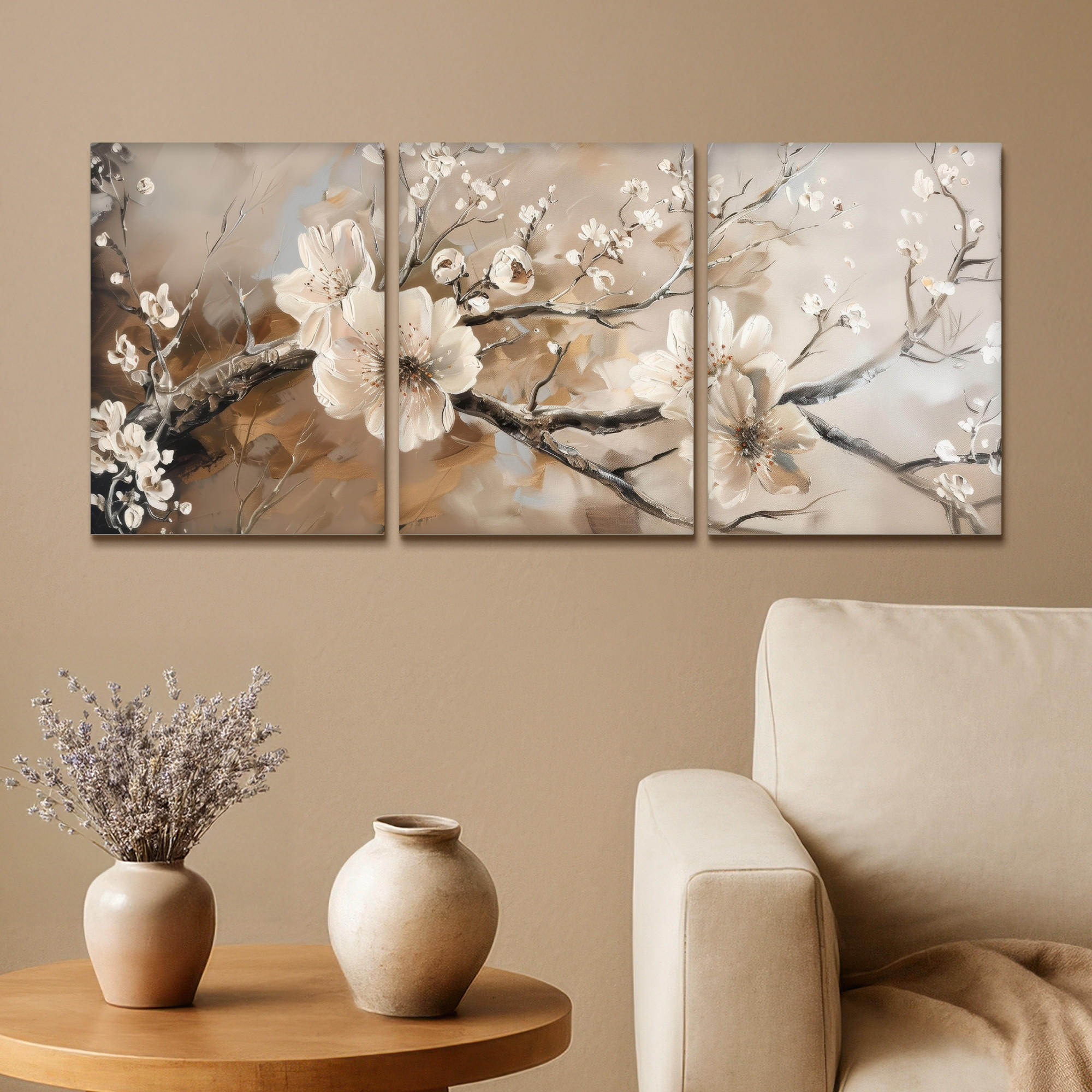 LEINWANDBILD 3er Set Blüte - Beige - Abstrakt - Blumen 90x40 cm - Hellbraun, Textil (90/40cm) - MuchoWow