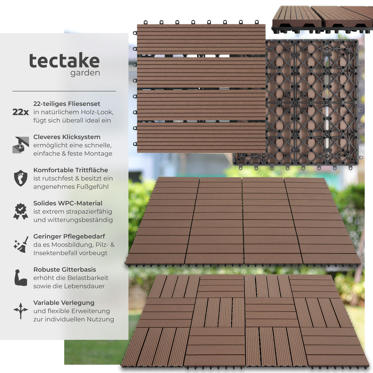 TERRASSENFLIESEN Tegulas,31 x 31 x 2,2 cm,braun - Braun, Kunststoff (31/31/2.2cm) - tectake