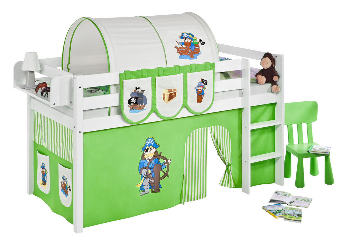 HOCHBETT Jelle mit PIRAT Vorhang - Kinderbett - Weiß, Holz - Lilokids