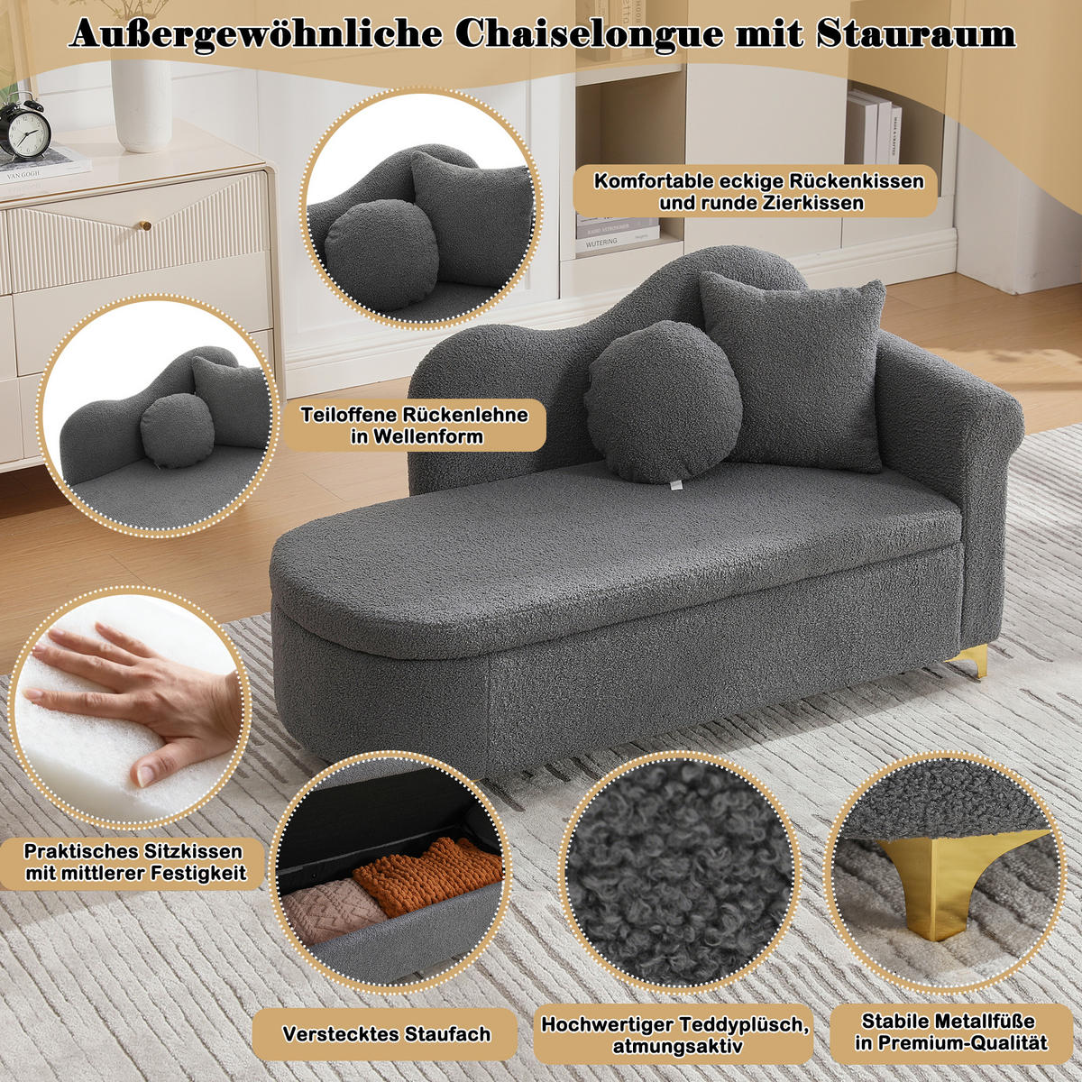 CHAISELONGUE mit Stauraum 134 cm, Teddyplüsch, modernes Design, wellenförmige Rückenlehne, inkl. Lenden- & Nackenkissen - Grau, Textil (64/70/134cm) - Ej. Life