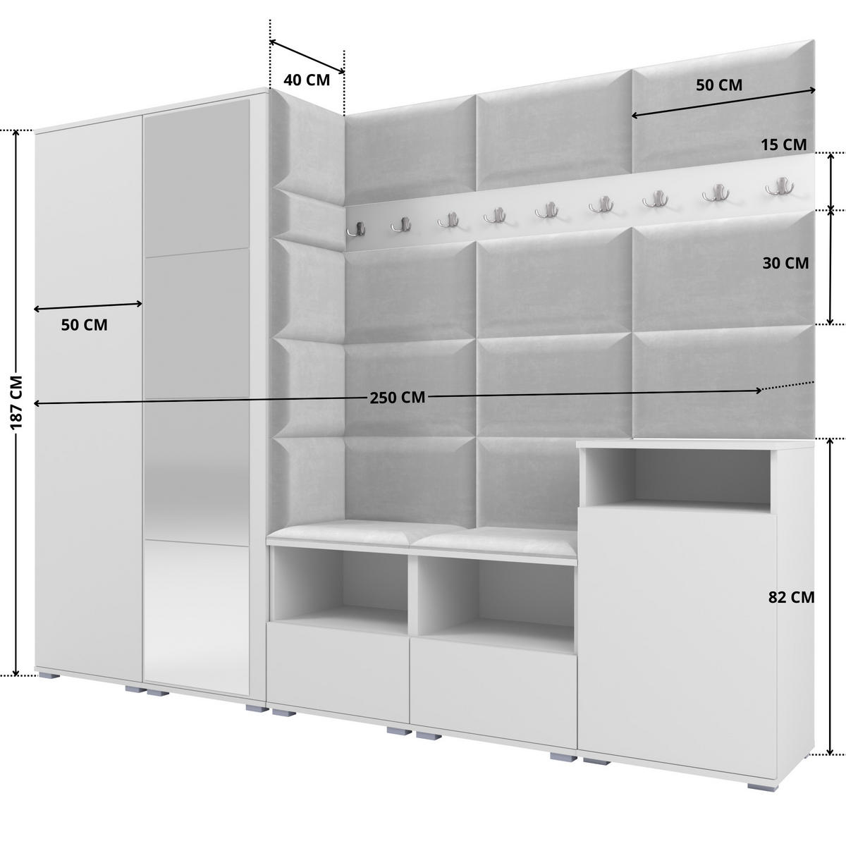 GARDEROBE NELA VIII 250 cm (Modulare Flurmöbel Weiß mit Spiegel & Sitzpolster Hellgrau 32 Set XL) - Silberfarben/Hellgrau, Holz/Holzwerkstoff (250/187/40cm) - Ravio