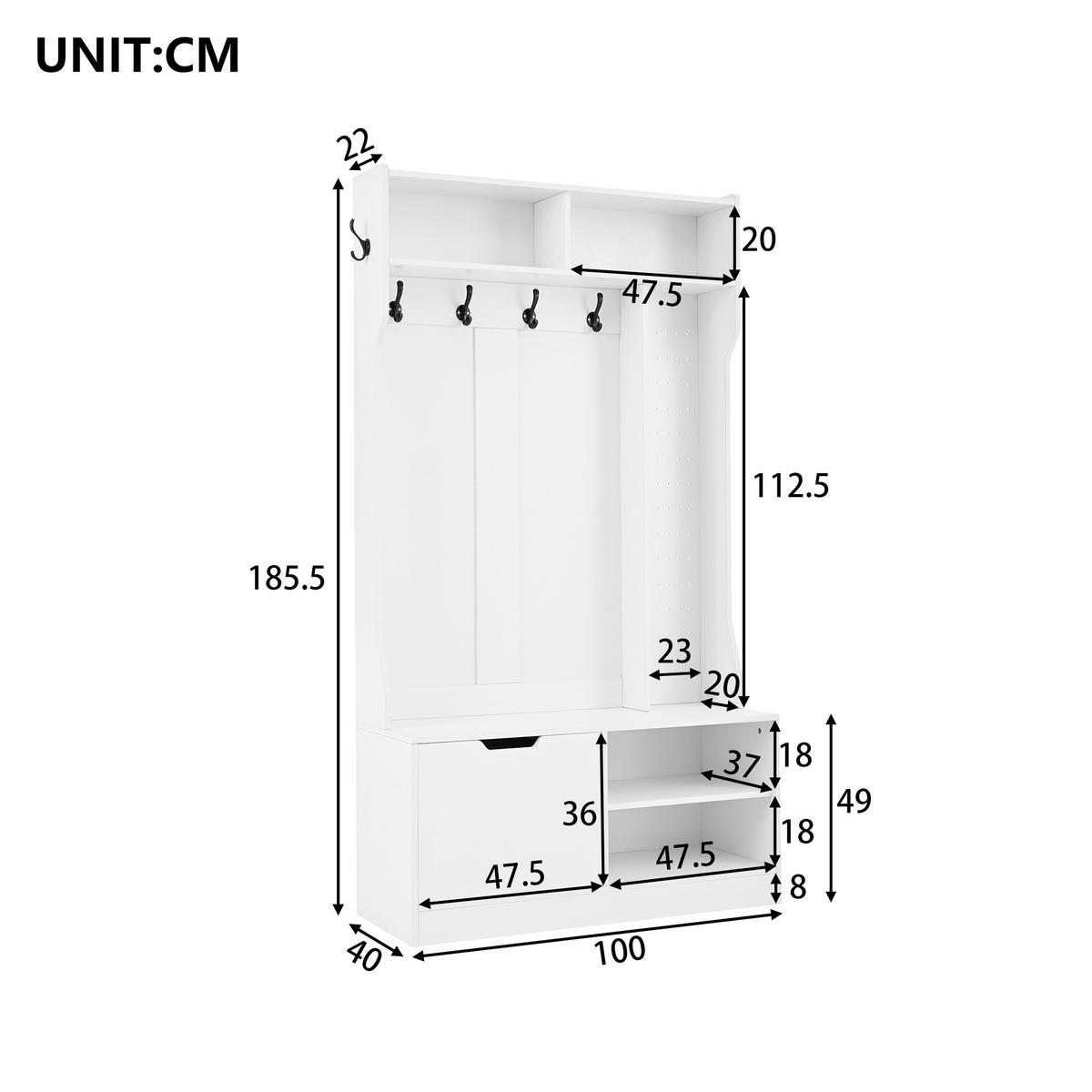 GARDEROBENSET Flurgarderobe mit Sitzbank 6 Haken Weiß 100x40x185.5cm - Weiß, Holzwerkstoff (185.4/40/100cm) - FLIEKS