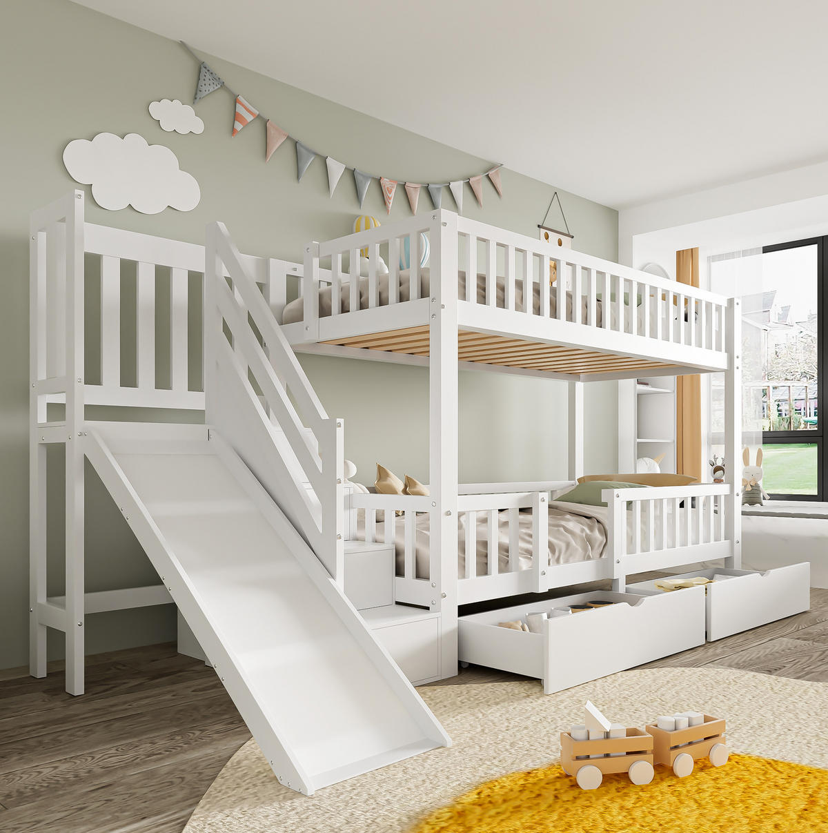 ETAGENBETT 90/200 cm in Weiß mit Rutsche, Treppe und 2 Schubladen - Weiß, Holz (90/200cm) - BEAOK