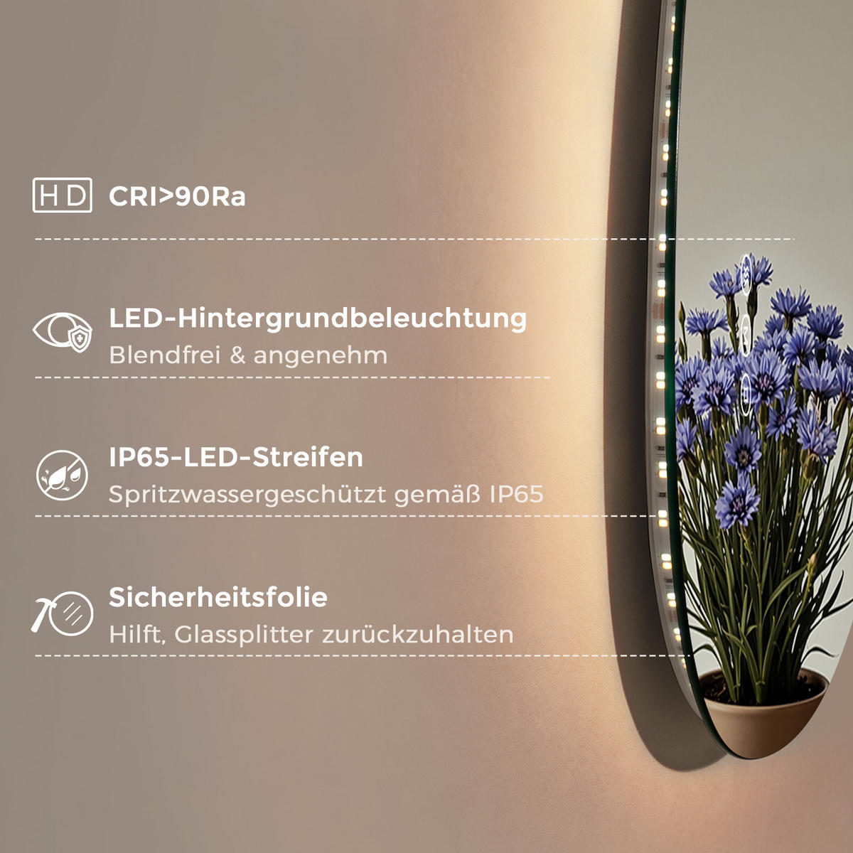 BADEZIMMERSPIEGEL mit Beleuchtung 75/55 cm asymmetrisch LED dimmbar mit Antibeschlag - Transparent, Glas (55/75/2.5cm) - S'AFIELINA