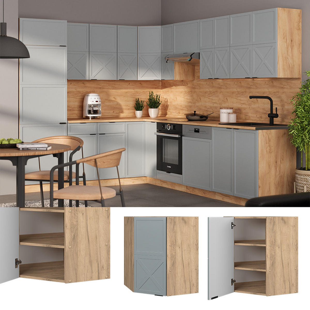 ECKHÄNGESCHRANK Fame-Line Hellblau-grau 57 cm - Honigeiche/Eiche Wotan, Holzwerkstoff (57/72/34.1cm) - Vicco