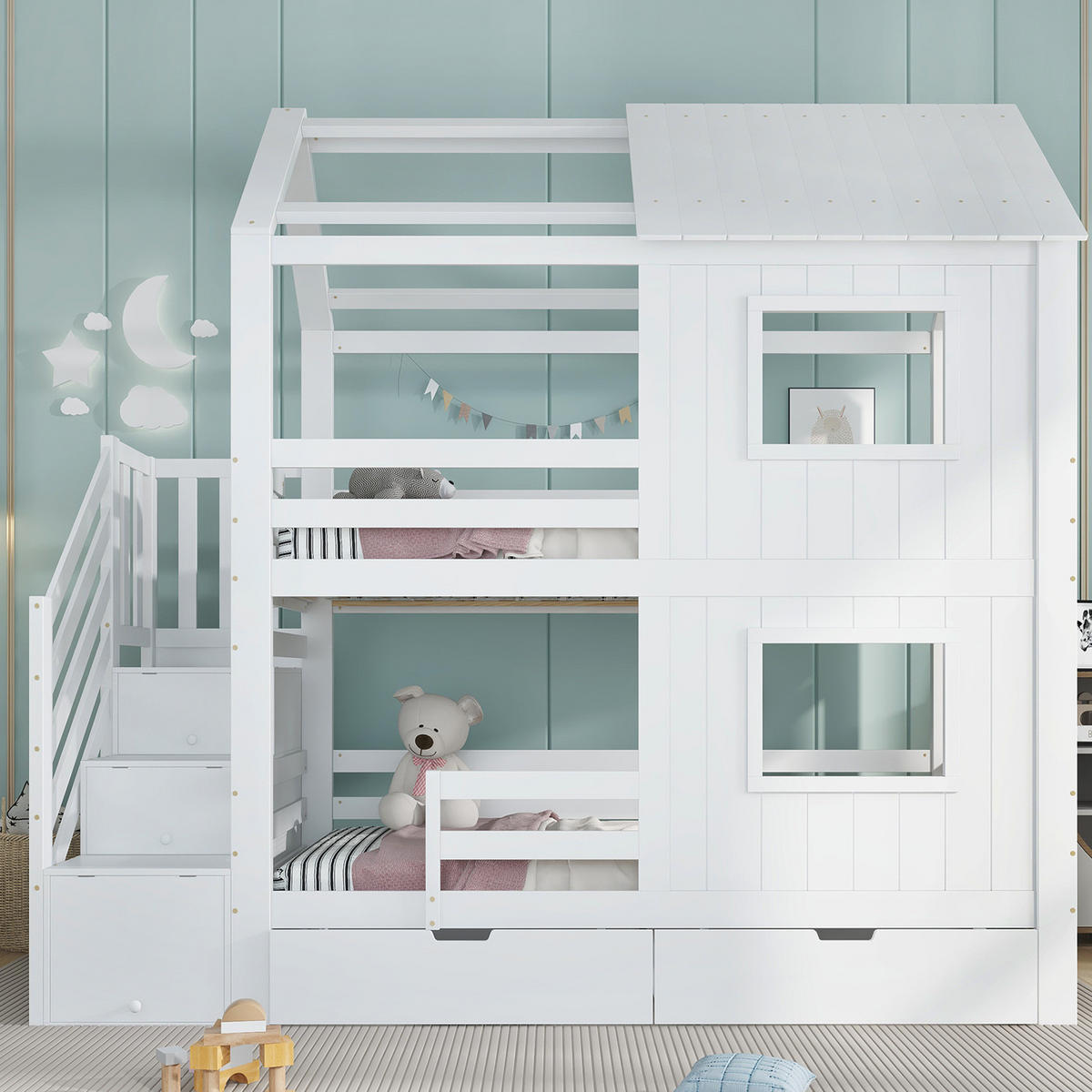 ETAGENBETT aus Kiefer und MDF 90x200 cm Weiß mit Treppenschrank, Rollschublade, Dach und Fenstern - Weiß, Holzwerkstoff (90/200cm) - Modfu