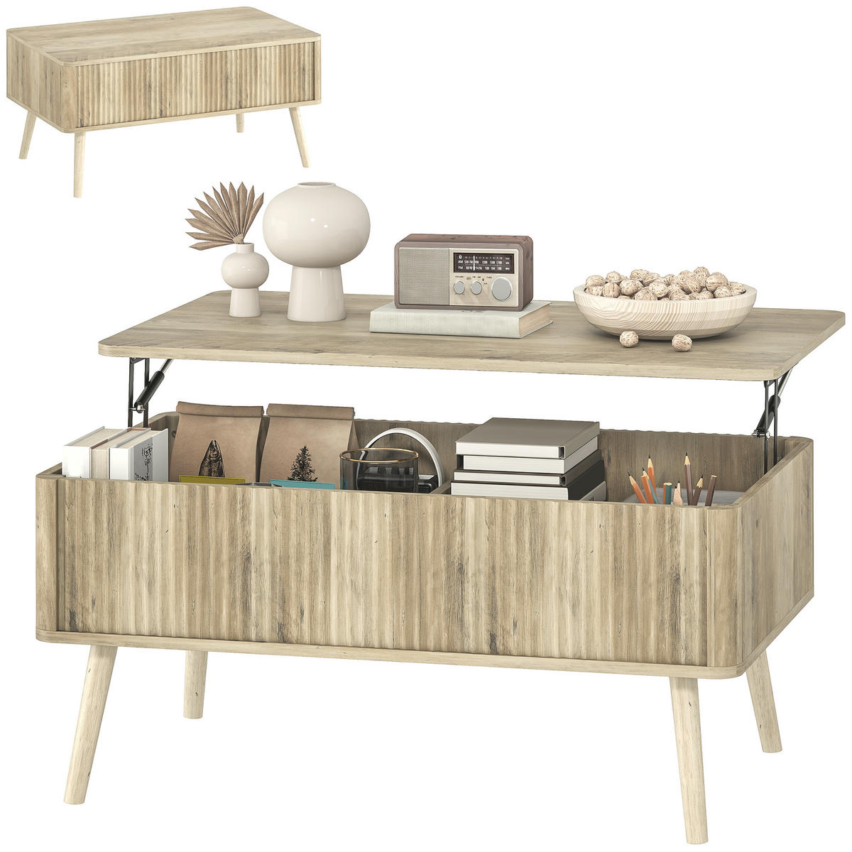 COUCHTISCH DE-15803 klappbare Platte Eiche - Eichefarben, Holzwerkstoff (91/56/43cm) - ComfortXL