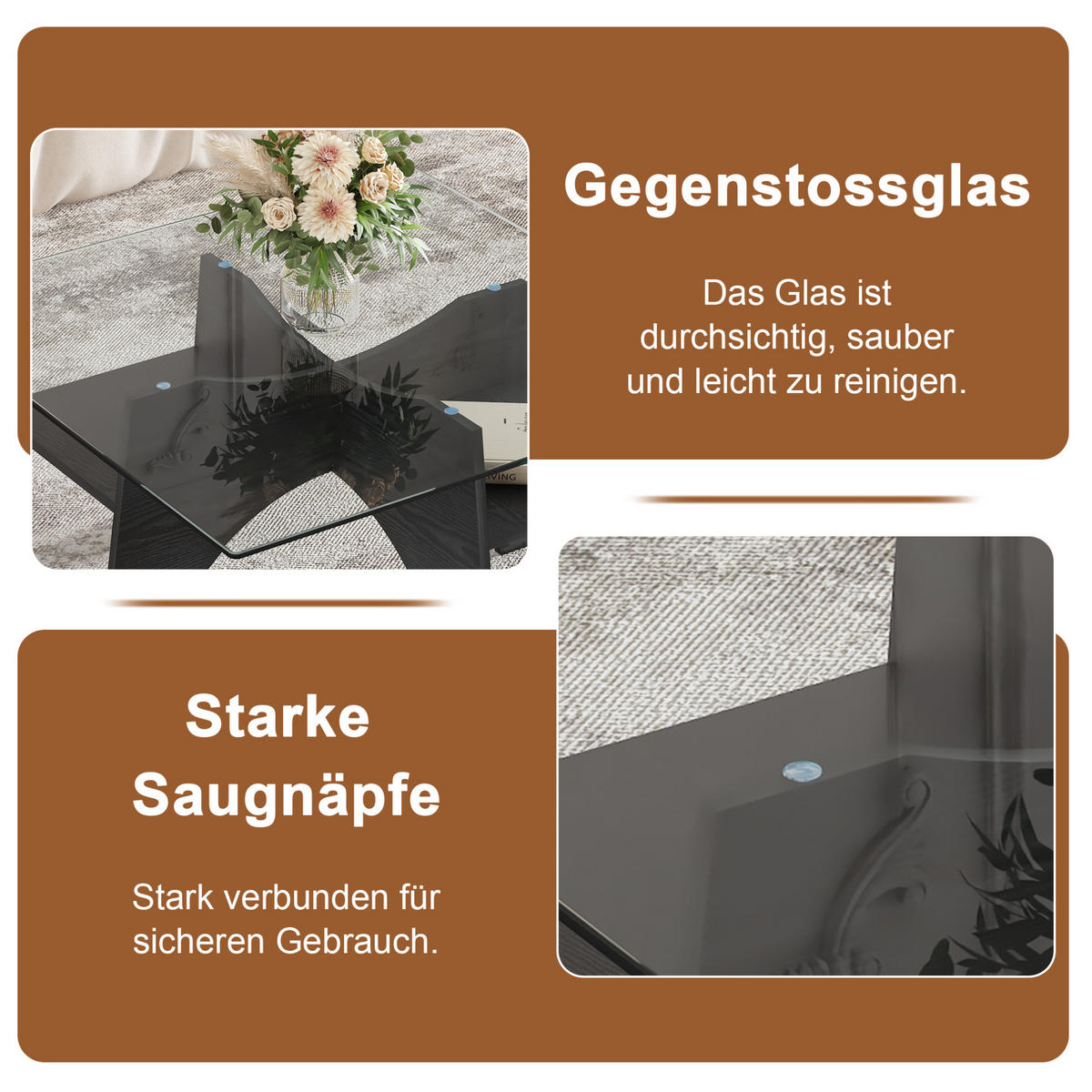 COUCHTISCH 80/80/40 cm mit Ablagefach und Sicherheitsglasplatte, MDF in schwarzer Holzoptik/Transparent - Schwarz, Holzwerkstoff (80/80/40cm) - Redom