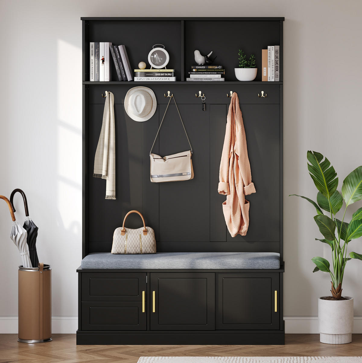 GARDEROBE 120/40/191 cm schwarz aus Spanplatte mit Sitzbank, Schuhregal und 6 Haken - Schwarz, Holzwerkstoff (120/191/40cm) - OKWISH