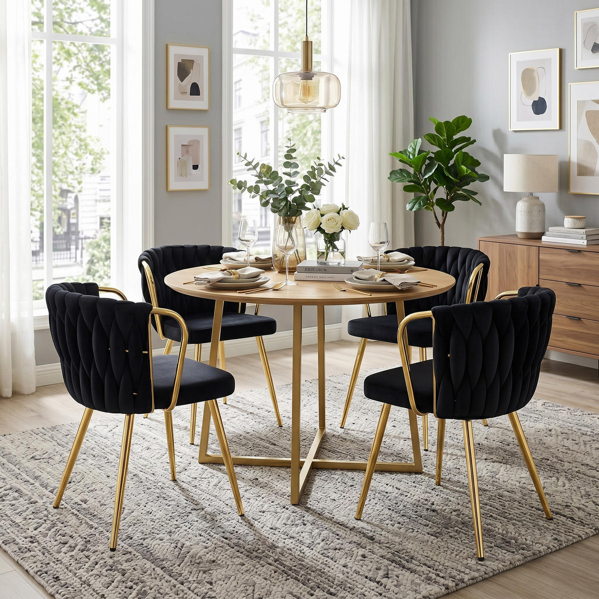 ESSZIMMERSTUHL 2ER-SET aus Samt mit goldenen Beinen, ergonomisch gepolstert - Schwarz, Textil (43/76/58cm) - Urban Meuble