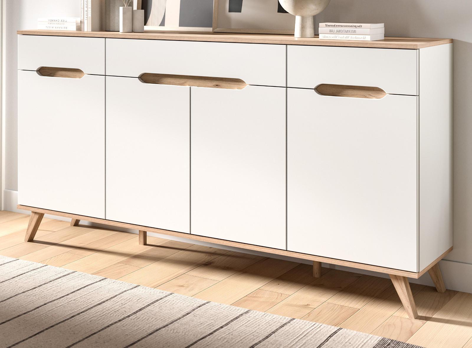 SIDEBOARD weiß, Eiche 185 cm, Kommode mit Soft-Close-Funktion - Eichefarben/Weiß, Holzwerkstoff/Metall (185/95/40cm) - Inn.Furn