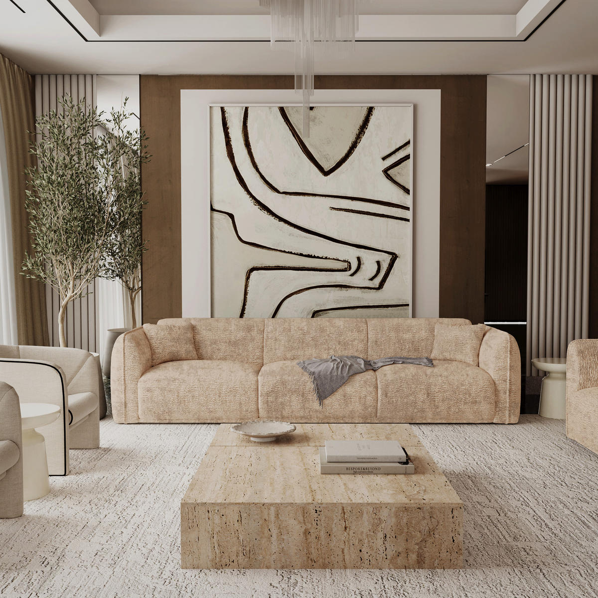 SOFA LUSH Gemusterter Samt Beige-Taupe 235cm - Taupe/Beige, Textil (235/72.5/90cm) - Premium Interiors