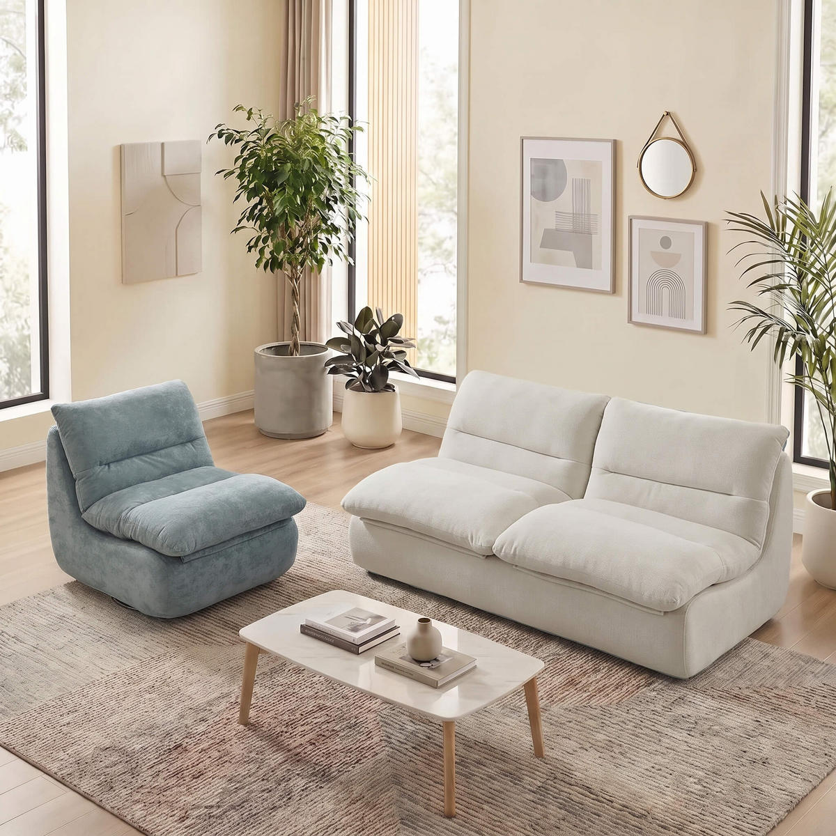 SITZGARNITUR Nuvia Sofa und Sessel Weiß und Salbei - Salbeigrün/Weiß, Textil (160/73/100cm) - COCO Living