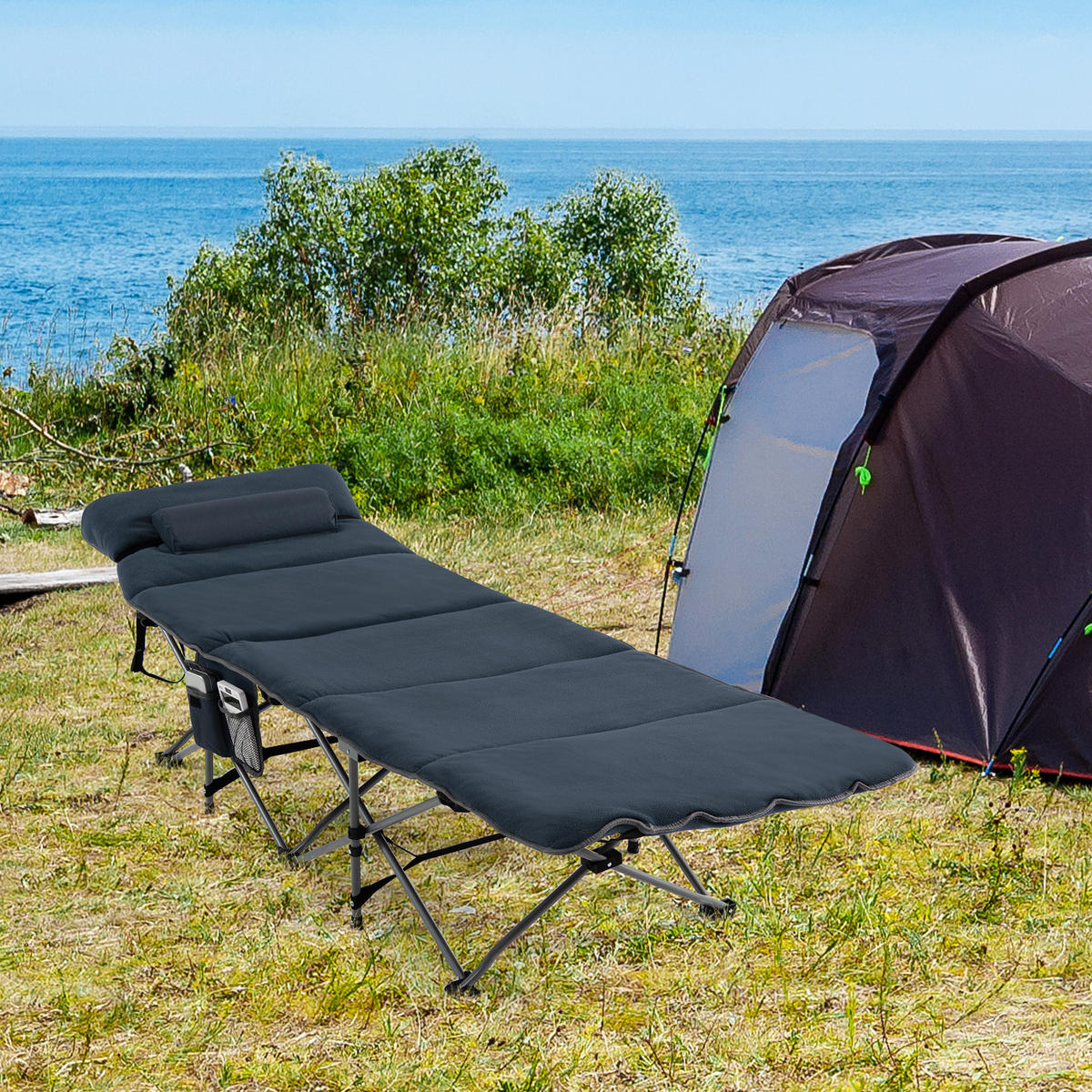 CAMPINGBETT Mit Matratze+Kissen Blau - Blau, Metall - COSTWAY