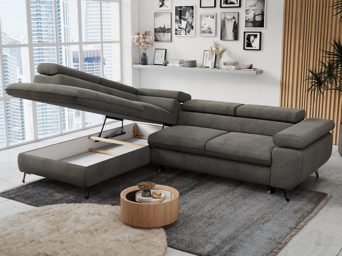 ECKSOFA PETER L Dunkelgrau Velvet - Links Seite - Dunkelgrau/Schwarz, Textil/Metall (208/273cm) - MKS