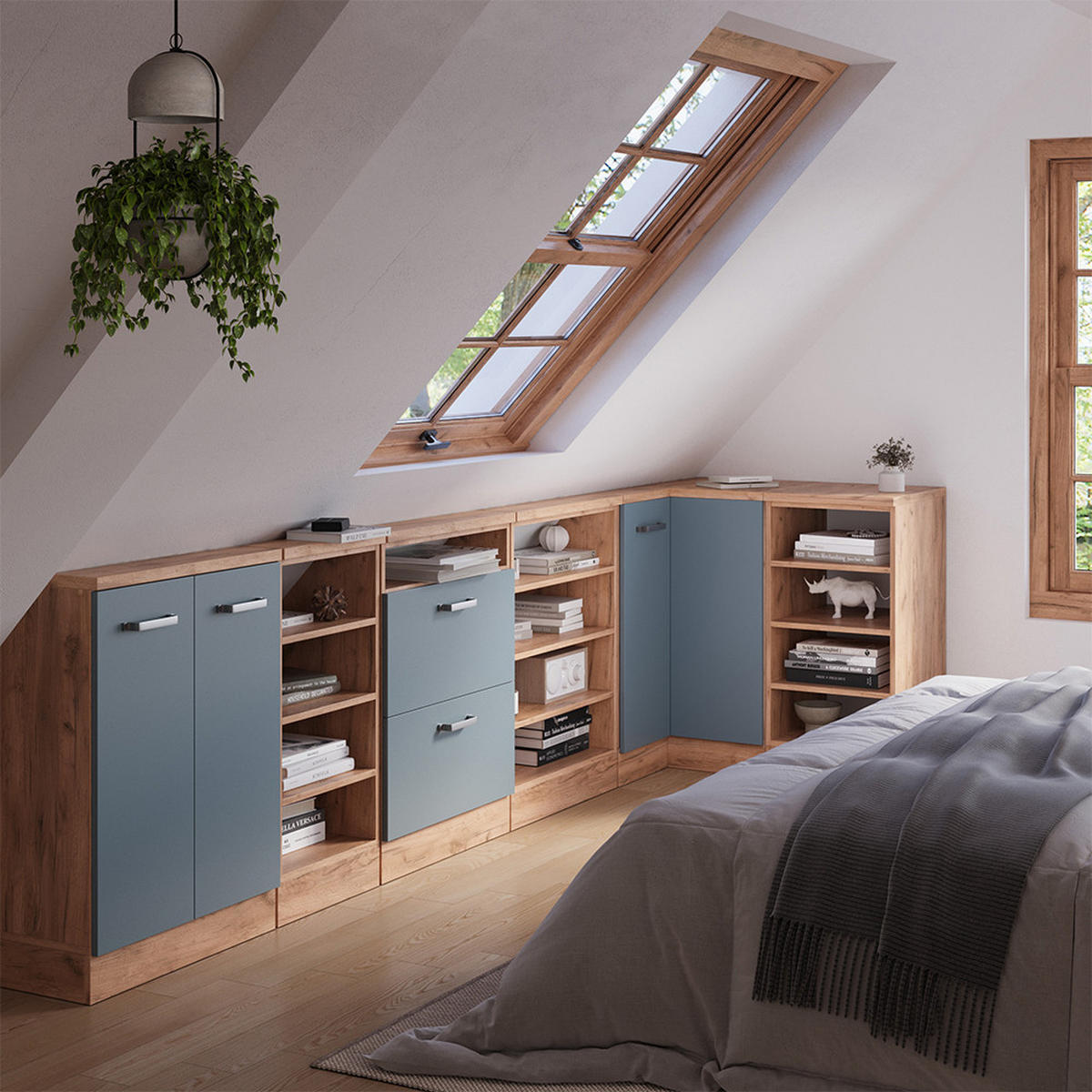 DACHSCHRÄGENSCHRANK ECKSCHRANK Rion Blau-Grau/Goldkraft Eiche 75.6 x 81.6 cm mit 1 Tür - Honigeiche/Blaugrau, Holzwerkstoff (75.6/81.6/75.6cm) - Vicco