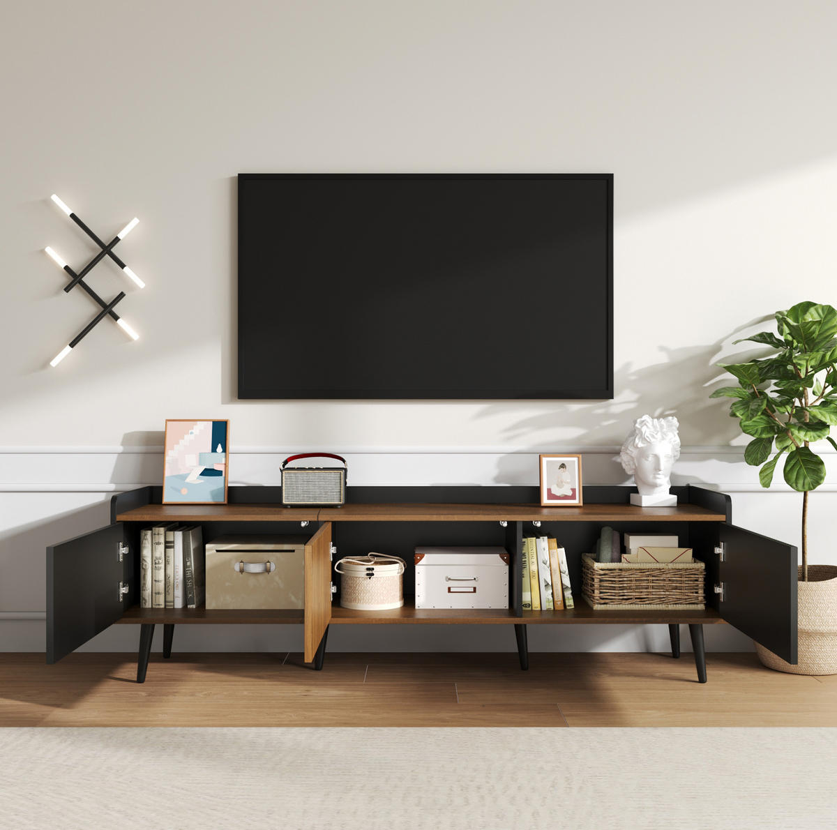 TV-SCHRANK 160/39/49,5 cm schwarz und natur E1 MDF mit dreitürigem Design - Schwarz, Holzwerkstoff (160/49.5/39cm) - OKWISH