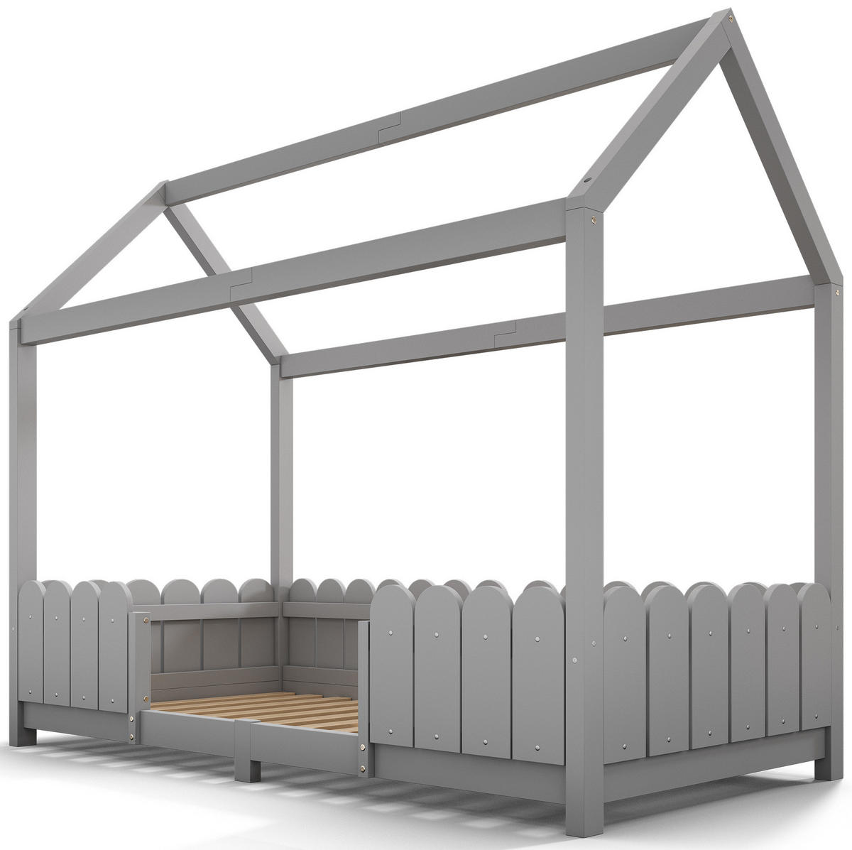 HAUSBETT 90/200 cm in Grau – mit Dach, Rausfallschutz und Lattenrost - Grau, Holz (90/200cm) - BEAOK