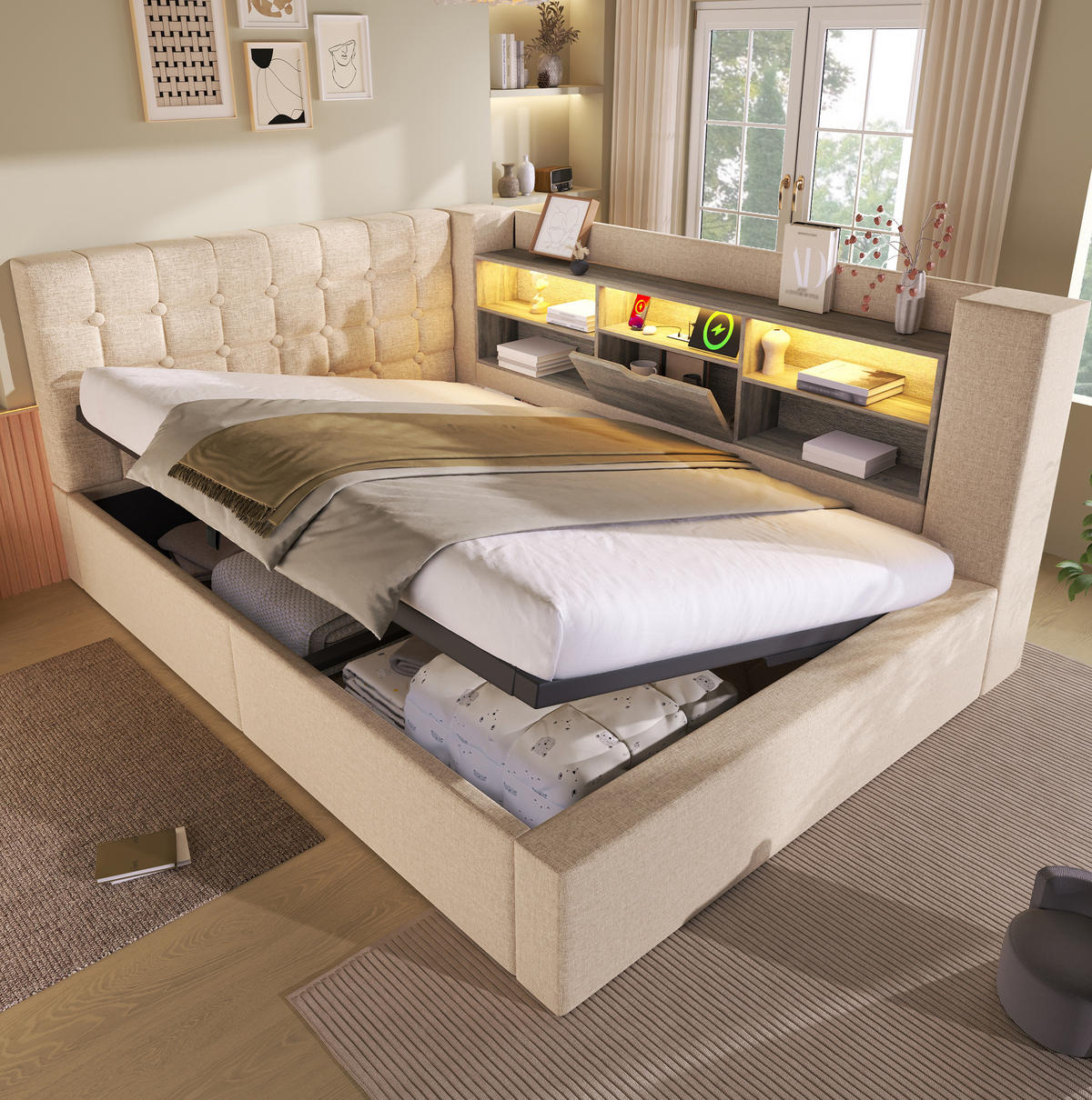 POLSTERBETT mit Stauraum und LED 140x200 cm Beige - Beige, Metall (140/200cm) - Meubliv