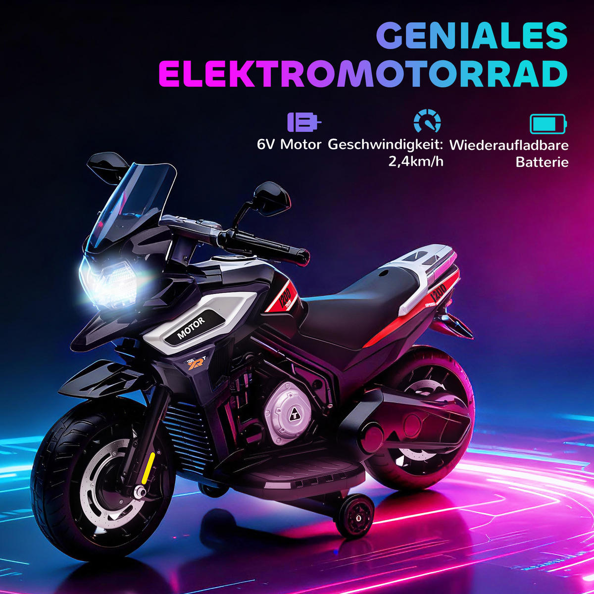 ELEKTRO-MOTORRAD Kinder 6V mit 2 Hilfsrädern, Schwarz - Schwarz, Kunststoff (85.5/44.5/56cm) - AIYAPLAY