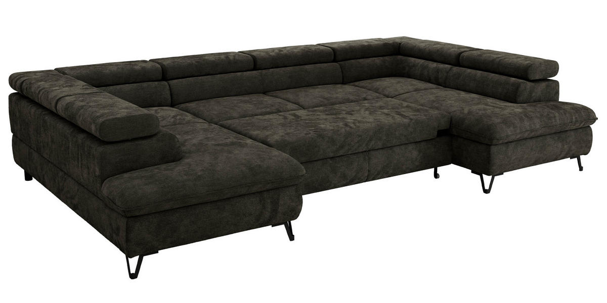 WOHNLANDSCHAFT PABLO U Schenille glatt Dunkelgrau mit Topper Visco - Dunkelgrau/Schwarz, Textil/Metall (346/76/208cm) - MKS