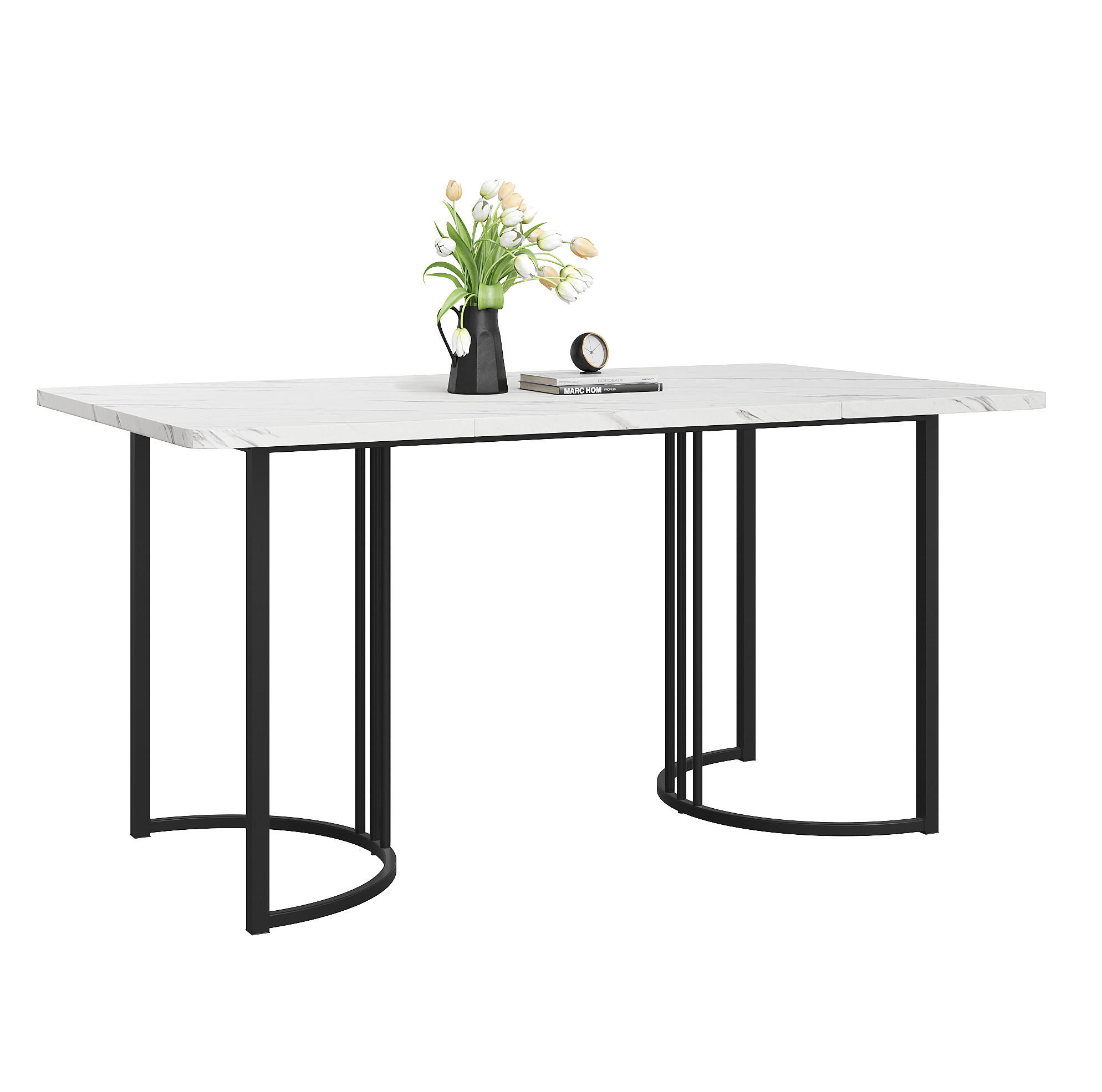 OKWISH JÍDELNÍ stůl 140/80/75 cm bílý z MDF a kovu s mramorovým dekorem a nastavitelnými nohami